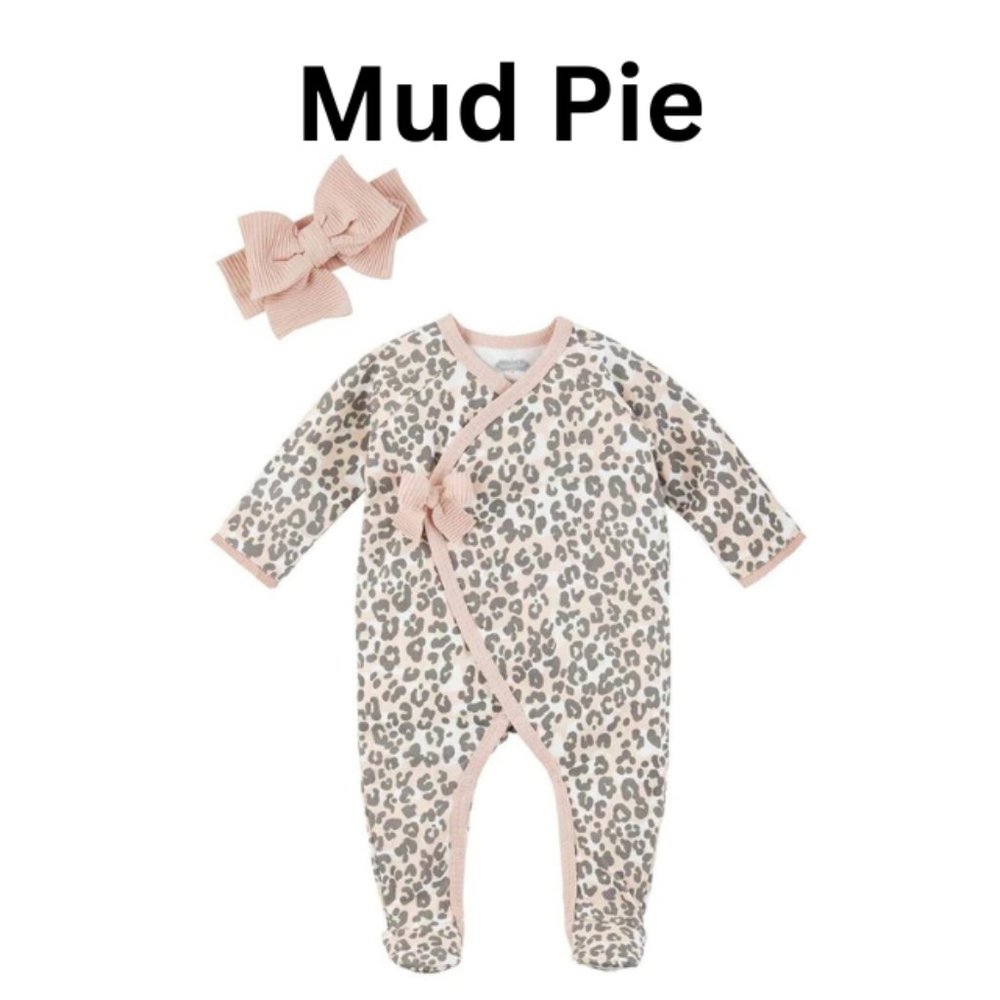 Mud Pie Baby Girls' Pink Leopard Print Long Sleeve Sleeper with Headband